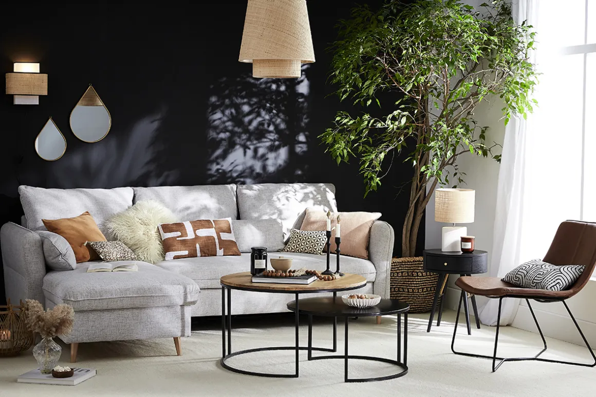 Miliboo Canapé Convertible|Canapé D'angle-Canapé d'angle convertible réversible avec coffre 3-4 places en tissu bleu océan et bois clair DRISS