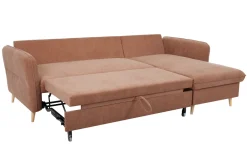 Miliboo Canapé Convertible|Canapé D'angle-Canapé d'angle convertible réversible avec coffre 3-4 places en tissu effet velours terracotta et bois clair DRISS