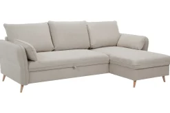 Miliboo Canapé Convertible|Canapé D'angle-Canapé d'angle convertible réversible avec coffre 3-4 places en tissu beige et bois clair DRISS