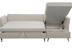 Miliboo Canapé Convertible|Canapé D'angle-Canapé d'angle convertible réversible avec coffre 3-4 places en tissu beige et bois clair DRISS