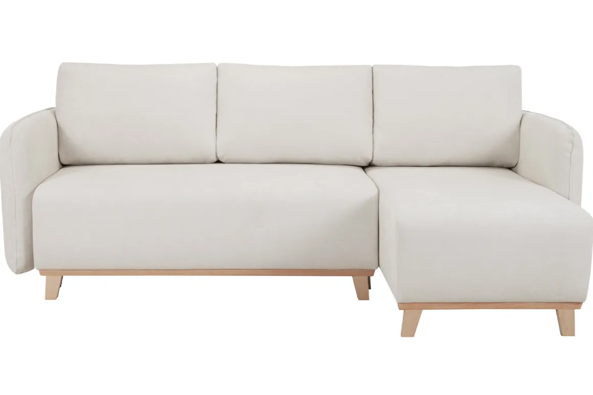 Miliboo Canapé Convertible|Canapé D'angle-Canapé d'angle convertible et réversible 3-4 places en tissu effet velours beige et bois clair ROMANE