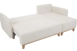 Miliboo Canapé Convertible|Canapé D'angle-Canapé d'angle convertible et réversible 3-4 places en tissu effet velours beige et bois clair ROMANE