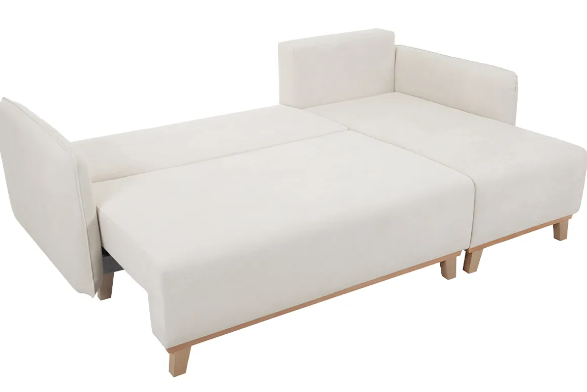 Miliboo Canapé Convertible|Canapé D'angle-Canapé d'angle convertible et réversible 3-4 places en tissu effet velours beige et bois clair ROMANE