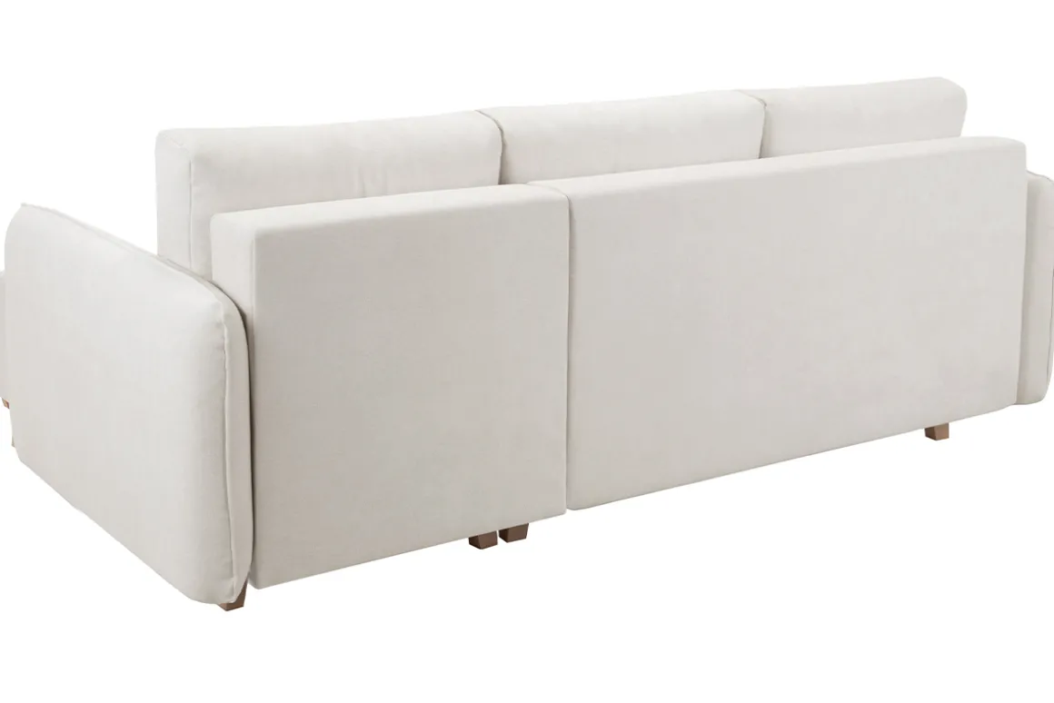 Miliboo Canapé Convertible|Canapé D'angle-Canapé d'angle convertible et réversible 3-4 places en tissu effet velours beige et bois clair ROMANE