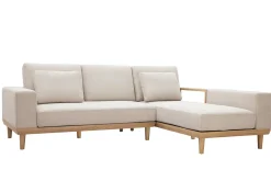 Miliboo Canapé D'angle|Voir Tous Les Canapés-Canapé d'angle droit 5 places avec rangements en tissu effet velours texturé beige et bois clair KOMAO