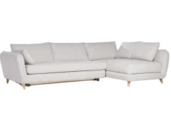 Miliboo Canapé Convertible|Canapé D'angle-Canapé d'angle droit convertible scandinave 5 places en tissu gris clair chiné et bois clair CREEP