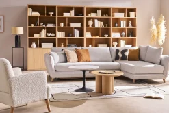 Miliboo Canapé Convertible|Canapé D'angle-Canapé d'angle droit convertible scandinave 5 places en tissu gris clair chiné et bois clair CREEP