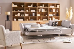 Miliboo Canapé Convertible|Canapé D'angle-Canapé d'angle droit convertible scandinave 5 places en tissu gris clair chiné et bois clair CREEP