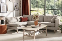 Miliboo Voir Tous Les Canapés-Canapé d'angle gauche scandinave 5 places en tissu beige et bois clair GUILTY