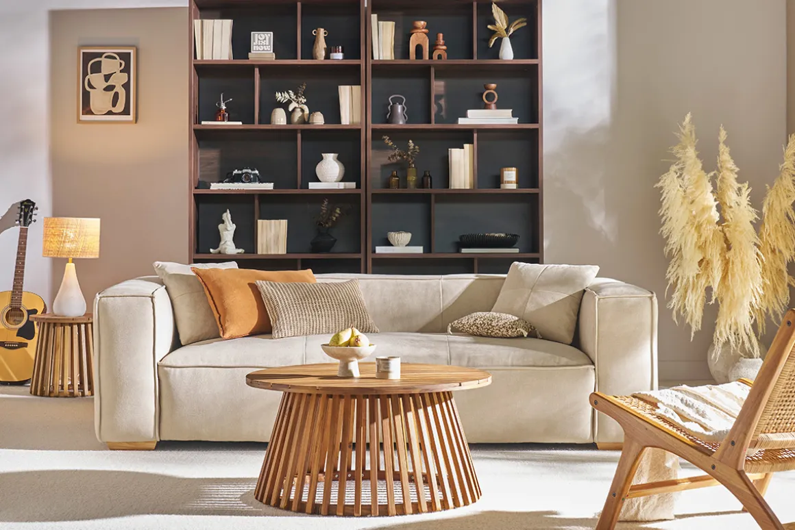 Miliboo Canapé Design|Voir Tous Les Canapés-Canapé design 3 places en tissu effet velours naturel et bois clair COBAIN