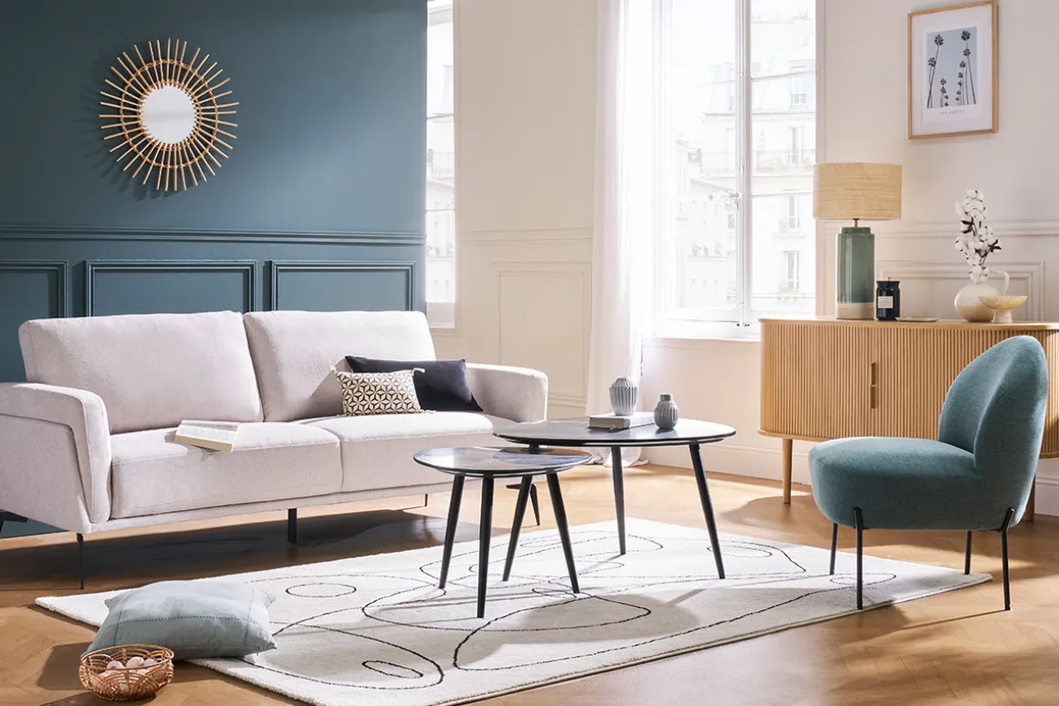 Miliboo Canapé Design|Voir Tous Les Canapés-Canapé design 3 places en tissu effet velours texturé beige et métal noir MOSCO