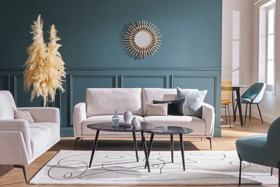 Miliboo Canapé Design|Voir Tous Les Canapés-Canapé design 3 places en tissu effet velours texturé beige et métal noir MOSCO