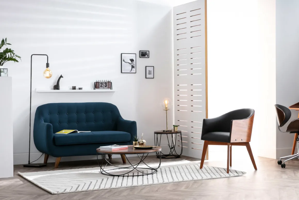 Miliboo Canapé Design|Voir Tous Les Canapés-Canapé déhoussable 2 places en tissu bleu foncé et bois foncé YNOK