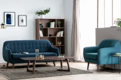 Miliboo Canapé Design|Voir Tous Les Canapés-Canapé déhoussable 3 places en tissu bleu foncé et bois foncé YNOK