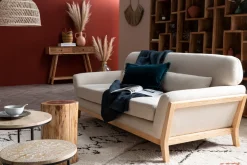 Miliboo Canapé Design|Voir Tous Les Canapés-Canapé scandinave 3 places en tissu bleu foncé et bois clair YOKO