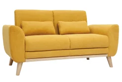 Miliboo Canapé Design|Voir Tous Les Canapés-Canapé scandinave 2 places en tissu effet velours jaune moutarde et bois clair EKTOR