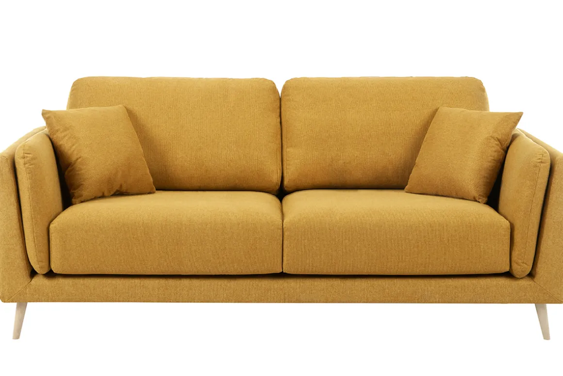 Miliboo Canapé Design|Voir Tous Les Canapés-Canapé scandinave 3 places en tissu jaune cumin et bois clair VOGUE