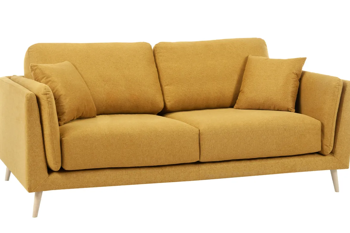 Miliboo Canapé Design|Voir Tous Les Canapés-Canapé scandinave 3 places en tissu jaune cumin et bois clair VOGUE