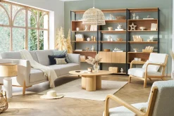 Miliboo Canapé Design|Voir Tous Les Canapés-Canapé scandinave 4 places en tissu effet velours texturé beige et bois clair SINDRO