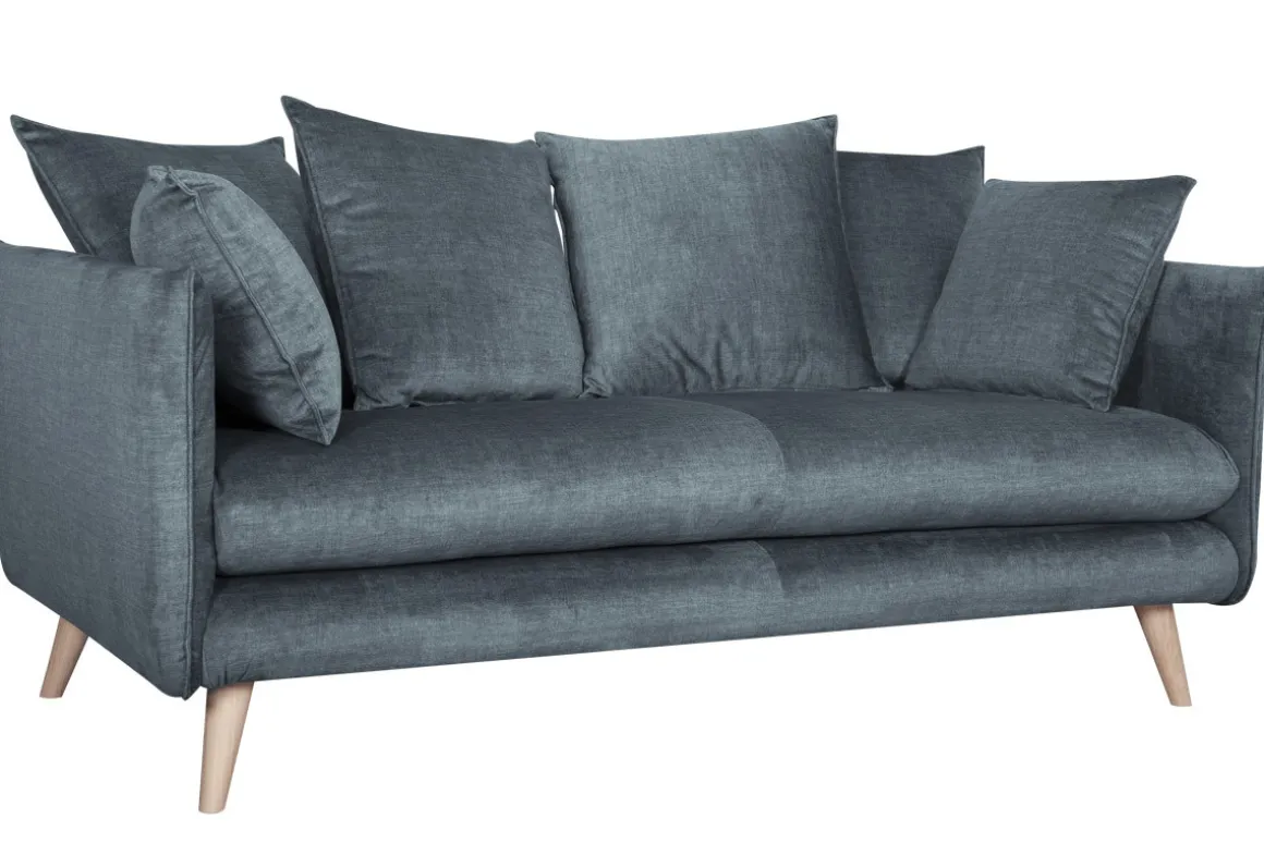 Miliboo Canapé Design|Voir Tous Les Canapés-Canapé scandinave 3 places en tissu velours bleu gris et bois clair OLYMPIA