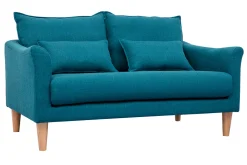Miliboo Canapé Design|Voir Tous Les Canapés-Canapé scandinave 2 places en tissu bleu canard et bois clair KATE