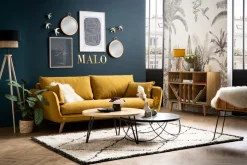 Miliboo Canapé Design|Voir Tous Les Canapés-Canapé scandinave 3 places en tissu jaune cumin et bois clair CREEP