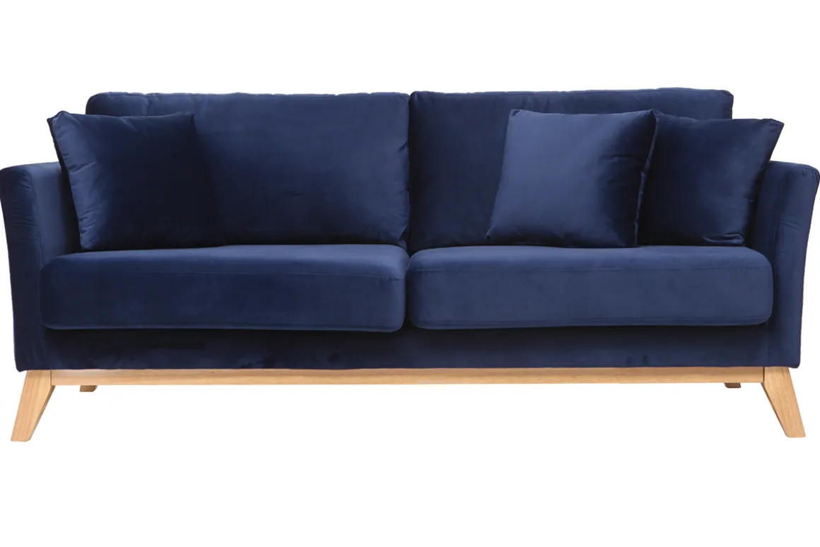 Miliboo Canapé Design|Voir Tous Les Canapés-Canapé scandinave déhoussable 3 places en tissu velours bleu nuit et bois clair OSLO