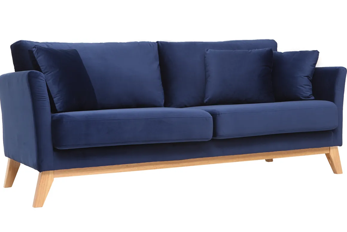 Miliboo Canapé Design|Voir Tous Les Canapés-Canapé scandinave déhoussable 3 places en tissu velours bleu nuit et bois clair OSLO