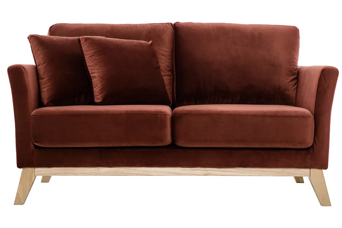 Miliboo Canapé Design|Voir Tous Les Canapés-Canapé scandinave déhoussable 2 places en tissu velours rouge tomette et bois clair OSLO