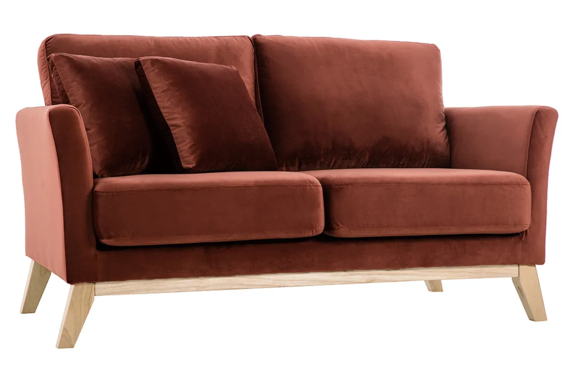 Miliboo Canapé Design|Voir Tous Les Canapés-Canapé scandinave déhoussable 2 places en tissu velours rouge tomette et bois clair OSLO