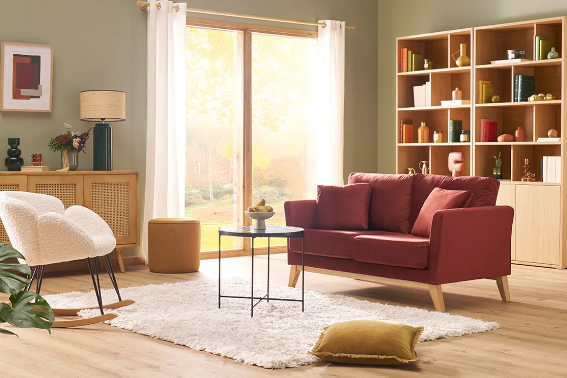 Miliboo Canapé Design|Voir Tous Les Canapés-Canapé scandinave déhoussable 2 places en tissu velours rouge tomette et bois clair OSLO