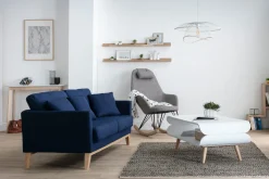 Miliboo Canapé Design|Voir Tous Les Canapés-Canapé scandinave déhoussable 3 places en tissu bleu foncé et bois clair OSLO