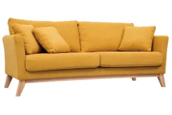 Miliboo Canapé Design|Voir Tous Les Canapés-Canapé scandinave déhoussable 3 places en tissu effet velours jaune moutarde et bois clair OSLO