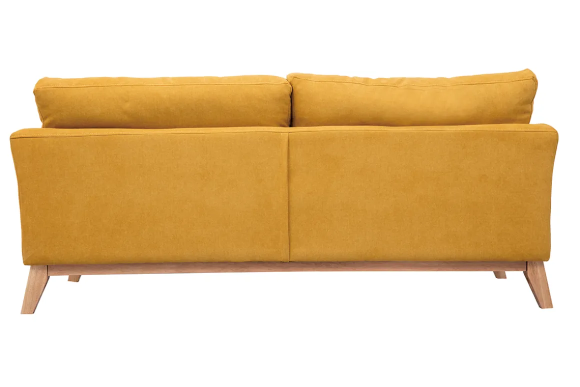Miliboo Canapé Design|Voir Tous Les Canapés-Canapé scandinave déhoussable 3 places en tissu effet velours jaune moutarde et bois clair OSLO