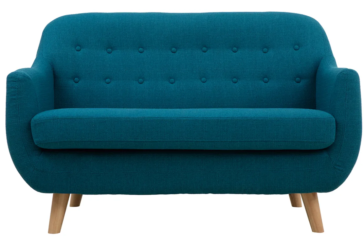 Miliboo Canapé Design|Voir Tous Les Canapés-Canapé scandinave déhoussable 2 places en tissu bleu canard et bois clair YNOK