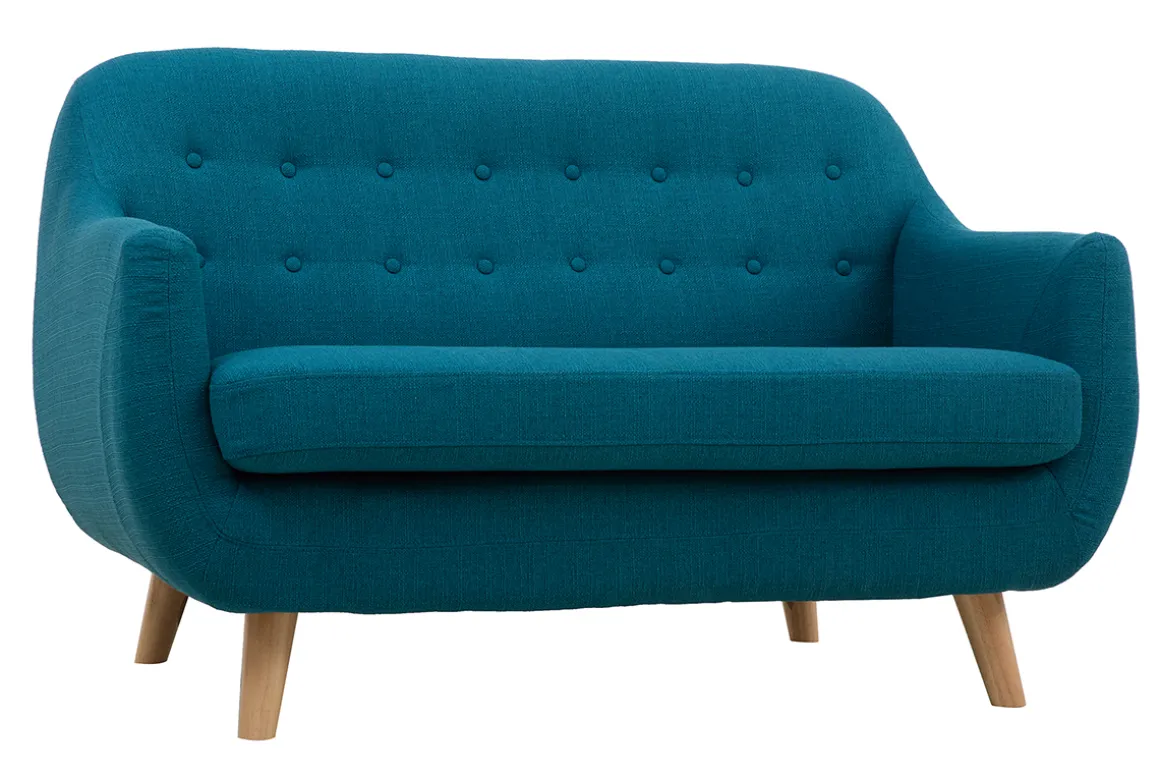 Miliboo Canapé Design|Voir Tous Les Canapés-Canapé scandinave déhoussable 2 places en tissu bleu canard et bois clair YNOK