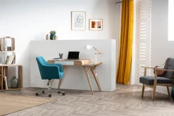 Miliboo Fauteuil De Bureau|Fauteuil De Bureau Petit Prix-Chaise de bureau à roulettes en tissu bleu canard et acier chromé ALEYNA