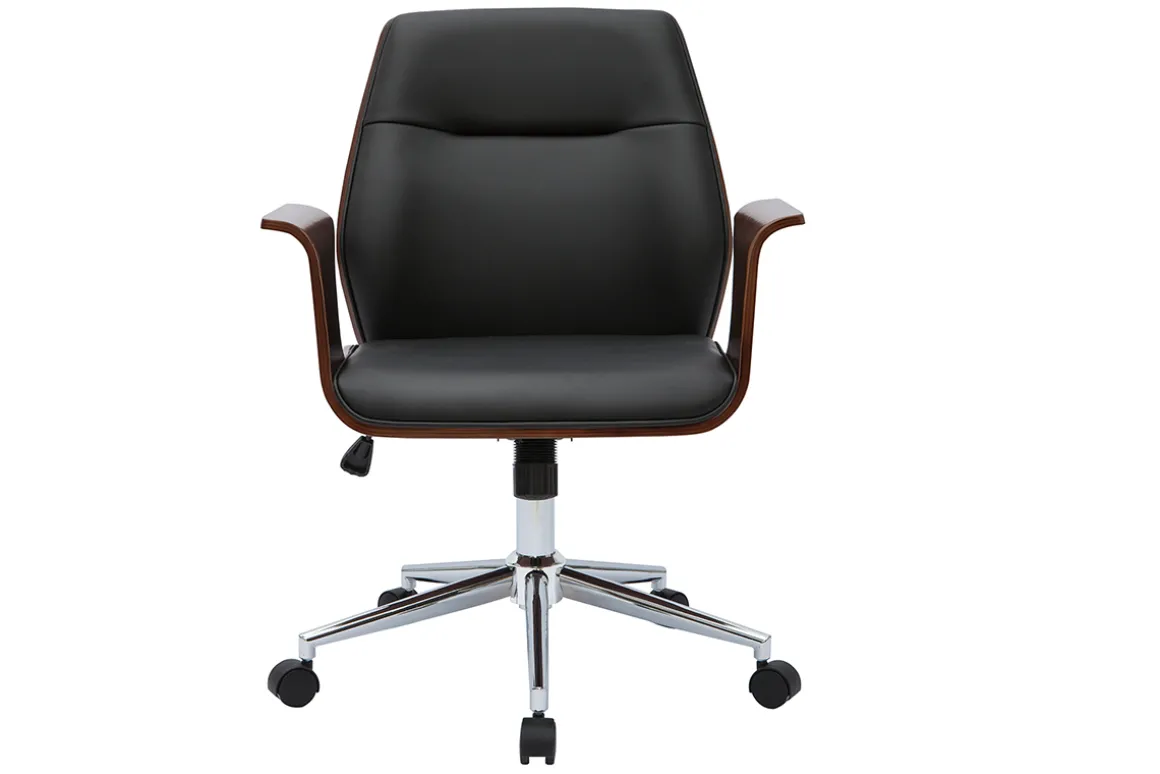 Miliboo Fauteuil De Bureau-Chaise de bureau à roulettes design noir, bois foncé noyer et acier chromé RUFIN