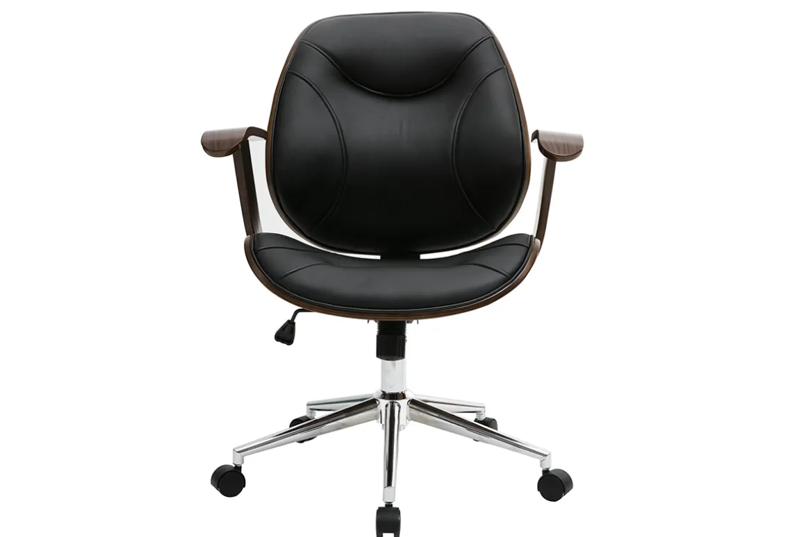 Miliboo Fauteuil De Bureau-Chaise de bureau à roulettes design noir, bois foncé noyer et acier chromé YORKE