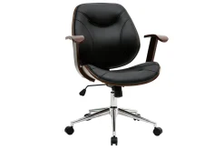 Miliboo Fauteuil De Bureau-Chaise de bureau à roulettes design noir, bois foncé noyer et acier chromé YORKE