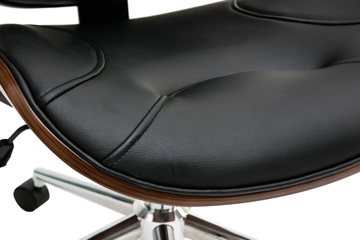 Miliboo Fauteuil De Bureau-Chaise de bureau à roulettes design noir, bois foncé noyer et acier chromé YORKE