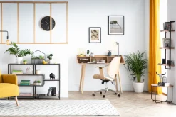 Miliboo Fauteuil De Bureau-Chaise de bureau à roulettes design noir, bois foncé noyer et acier chromé YORKE