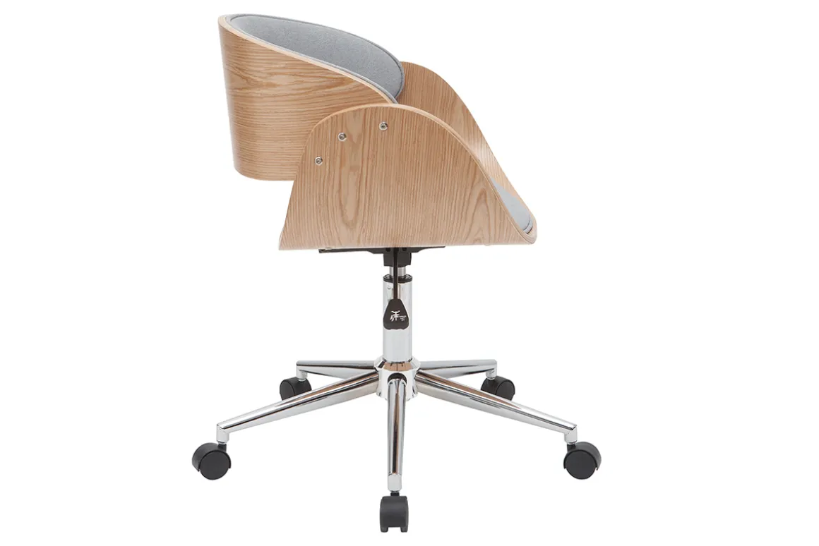 Miliboo Fauteuil De Bureau|Fauteuil De Bureau Petit Prix-Chaise de bureau à roulettes design en tissu gris, bois clair et acier chromé BENT