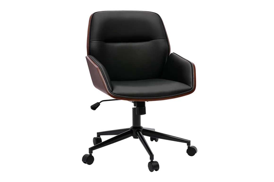 Miliboo Fauteuil De Bureau-Chaise de bureau à roulettes design noir, bois foncé et métal noir MARLOW