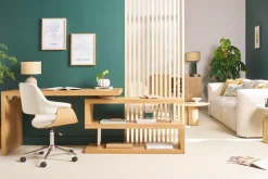 Miliboo Fauteuil De Bureau-Chaise de bureau à roulettes design blanc, bois clair et acier chromé HANSEN