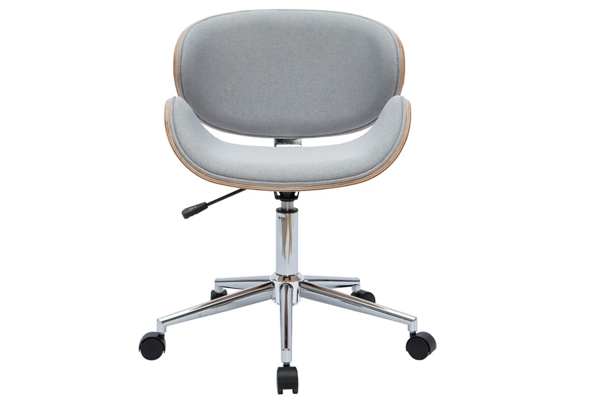 Miliboo Fauteuil De Bureau|Fauteuil De Bureau Petit Prix-Chaise de bureau à roulettes design en tissu gris clair, bois clair et acier chromé WALNUT
