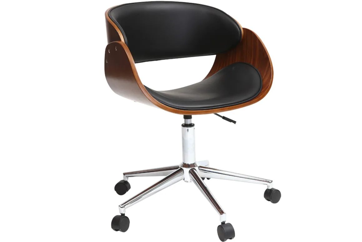 Miliboo Fauteuil De Bureau|Fauteuil De Bureau Petit Prix-Chaise de bureau à roulettes design noir, bois foncé noyer et acier chromé BENT