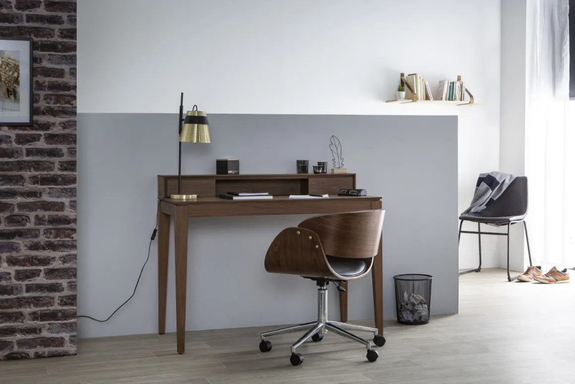 Miliboo Fauteuil De Bureau|Fauteuil De Bureau Petit Prix-Chaise de bureau à roulettes design noir, bois foncé noyer et acier chromé BENT