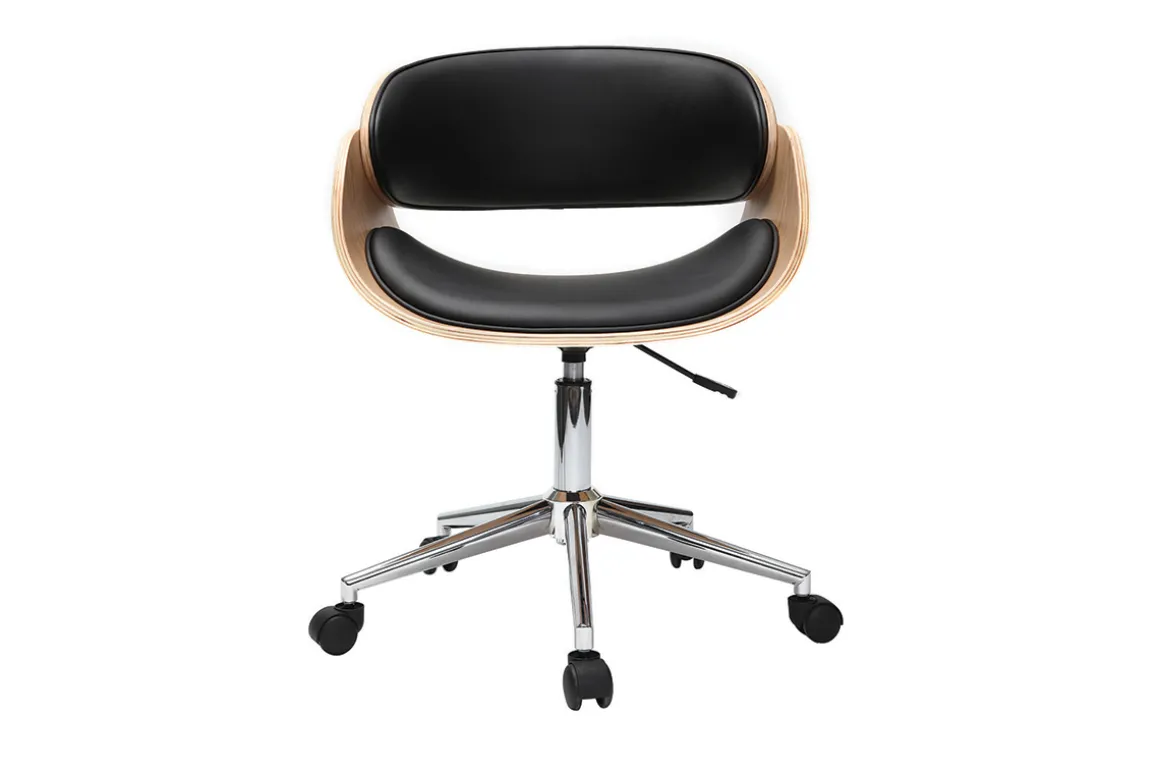 Miliboo Fauteuil De Bureau-Chaise de bureau à roulettes design noir, bois clair et acier chromé BENT