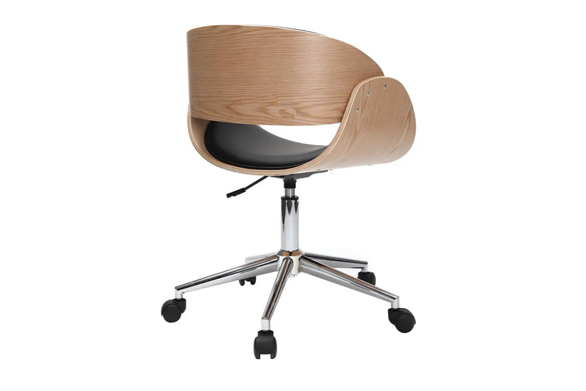 Miliboo Fauteuil De Bureau-Chaise de bureau à roulettes design noir, bois clair et acier chromé BENT